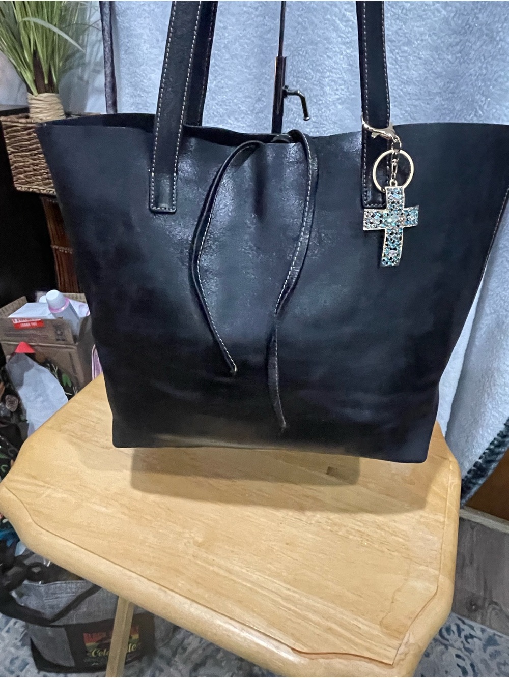 Harold Powell Black Distressed Leather Tote with Attached Pouch